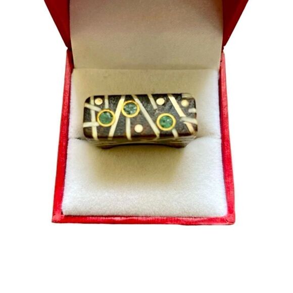 One of a Kind Hand crafted Wood Ring, Green/White Inlays - Picture 2 of 8